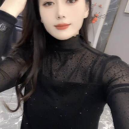 网纱拼接半高领烫钻打底衫女春季新款性感微透内搭长袖t恤ins上衣