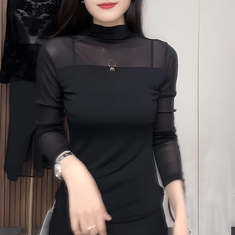 洋气优雅黑色网纱半高领上衣女2025夏季新款修身显瘦潮流百搭长袖