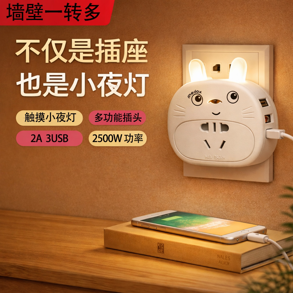 带灯插座3USB无线卡通猫插线板一转多家用扩展多功能插线板面板