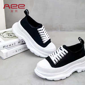 Aee/爱意2024春新款舒适中跟帆布鞋时尚百搭运动鞋系带单鞋女