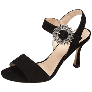 aee爱意女鞋夏新款休闲鞋甄皮一字带钻扣羊皮圆头高跟凉鞋女