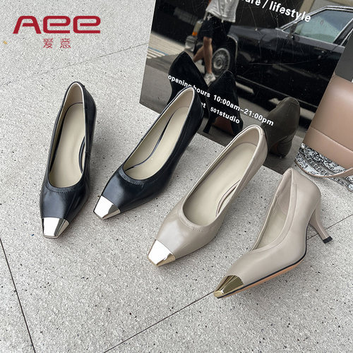 爱意单鞋通勤方头羊皮