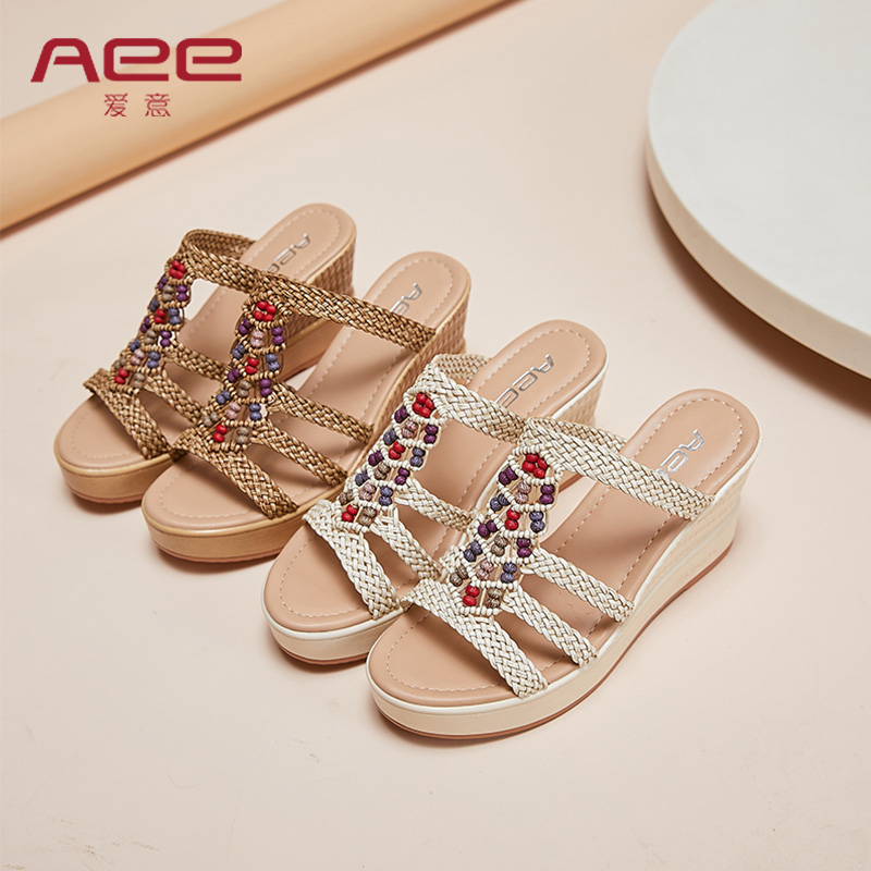 Aee/爱意2021夏季新款时尚坡跟凉鞋圆头编织物高跟舒适拖鞋女