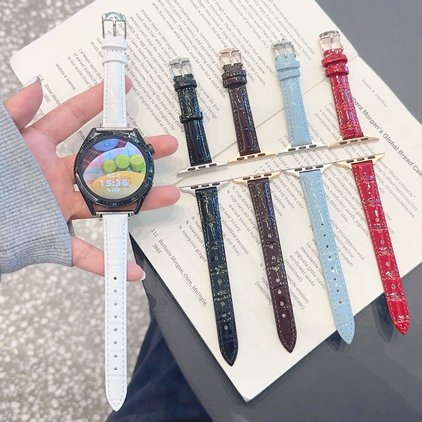 冰晶亮面皮革细款GT5适用华为GT6手表watch4表带10苹果11小米9PRO