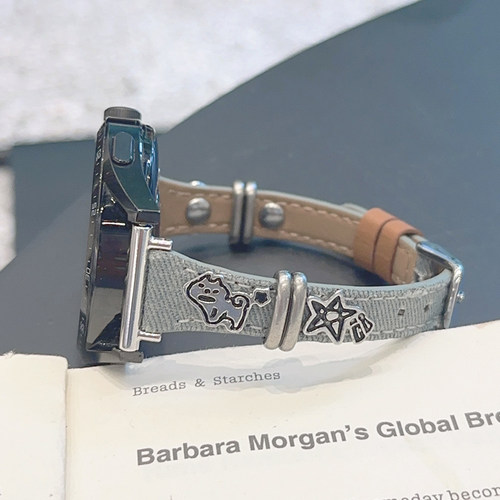 金属牛仔小狗皮革细款表带