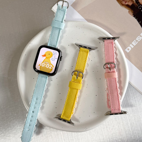 适用帆布拼色尼龙蕾丝小蛮腰表带
