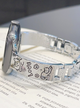 猫咪金属链条镶钻GT5适用华为GT3手表watch4pro表带苹果S10小米S4