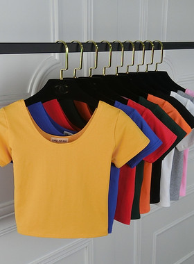 韩版纯棉紧身露脐短袖女t恤修身高腰短款上衣漏肚脐小衫短装体恤