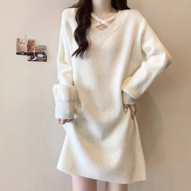 V领内搭针织连衣裙女秋冬大码胖mm宽松显瘦遮屁股长款打底衫毛衣,女装/女士精品,大码内搭,淘宝优惠券,粉丝福利购,淘宝优惠卷