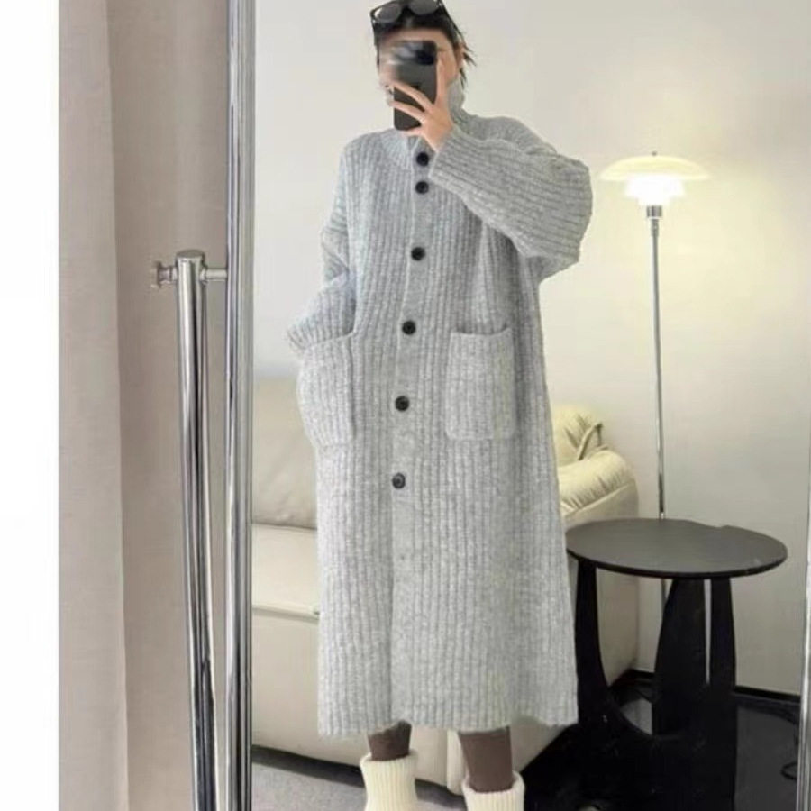 韩系软糯休闲高领毛衣外套女秋冬季宽松慵懒风针织开衫中长款大衣