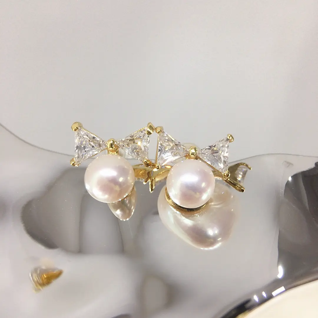 精致天然淡水珍珠耳钉女锆石蝴蝶结耳环18K包金耳饰源产地
