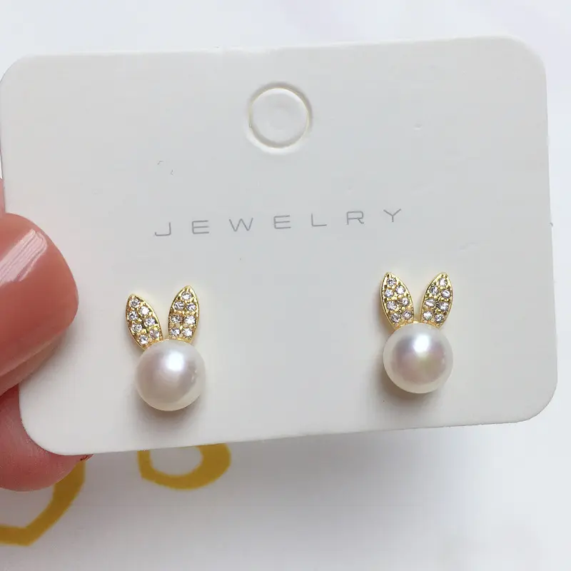 强光无暇5A级天然淡水珍珠耳钉女S925纯银针甜美兔子耳环