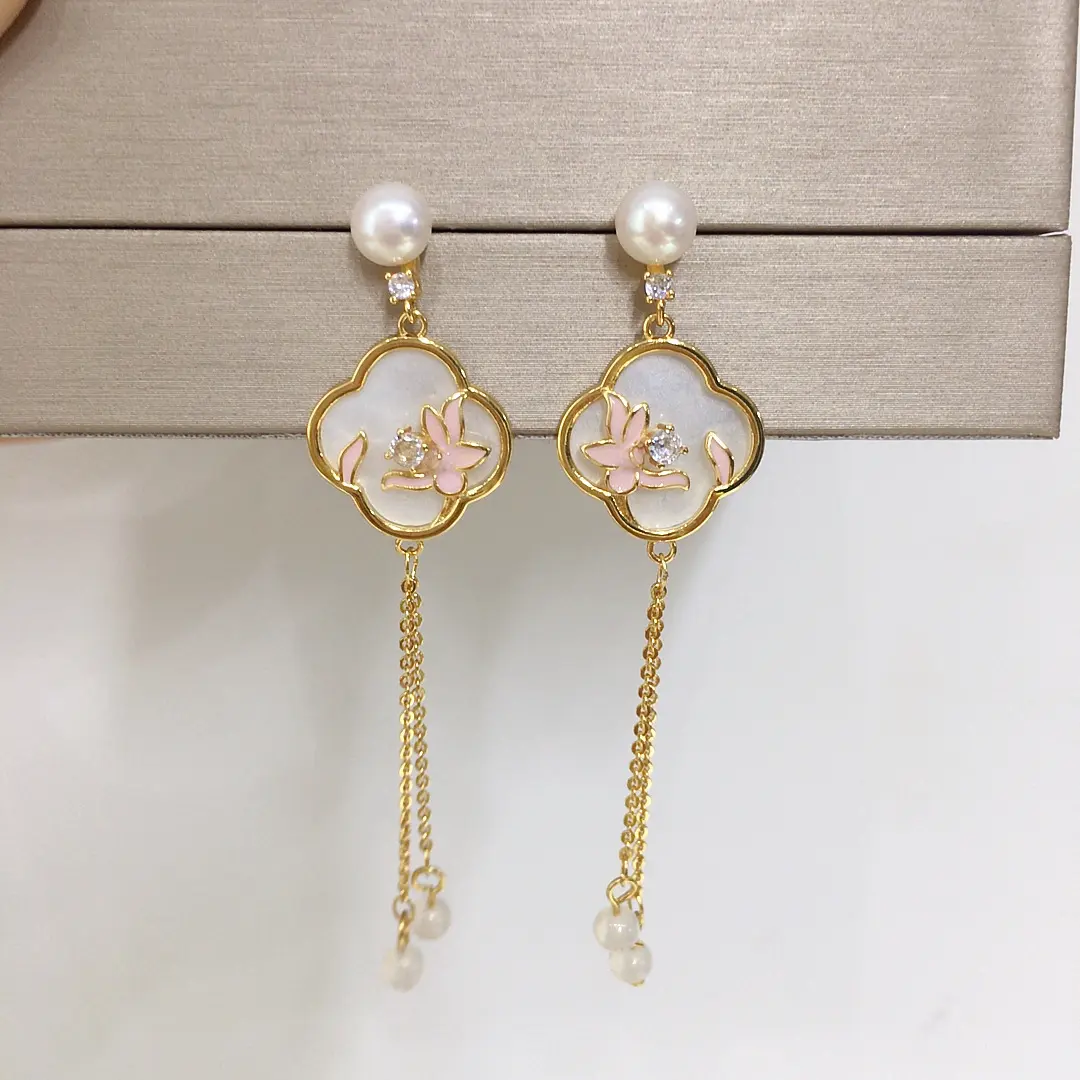 新中式天然淡水珍珠耳钉女国风夏日粉荷珍珠耳环S925纯银耳针