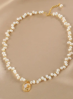 天然珍珠项链女 玫瑰花镜几何吊坠满天星天然珍珠颈链 轻奢锁骨链