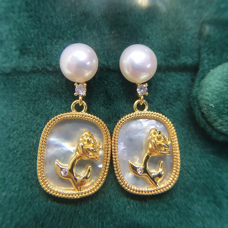 天然淡水珍珠耳钉女18K包金轻奢天然海贝玫瑰花耳环S925纯银耳针