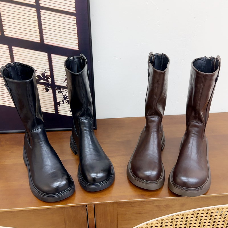 2025年新款女秋冬美拉德风平底大码加肥后拉链骑士靴英伦风短靴子,女鞋,时装靴,淘宝优惠券,粉丝福利购,淘宝优惠卷