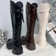 2025年复古棕色不过膝厚底长筒靴女秋冬英伦风增高时装 靴子皮带扣