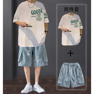夏季男士短袖t恤潮牌港风复古oversizei美式上衣一套搭配牛仔短裤
