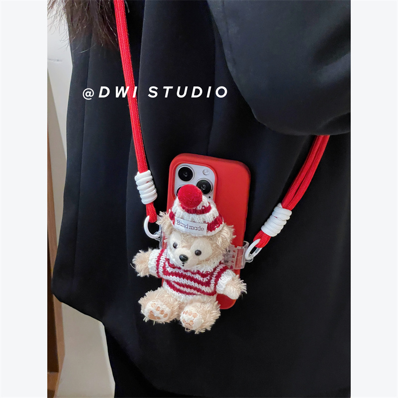 斜挎新年红条纹小熊挂绳手机壳