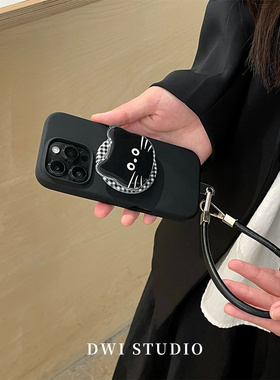 DWI STUDIO原创搞怪可爱黑猫猫磁吸支架挂绳手机壳16promax/14适用苹果17pro/15promaxiPhone16液态硅胶壳17