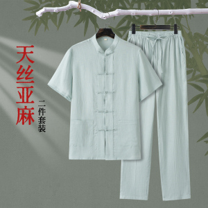 夏季超薄天丝亚麻盘扣唐装套装男