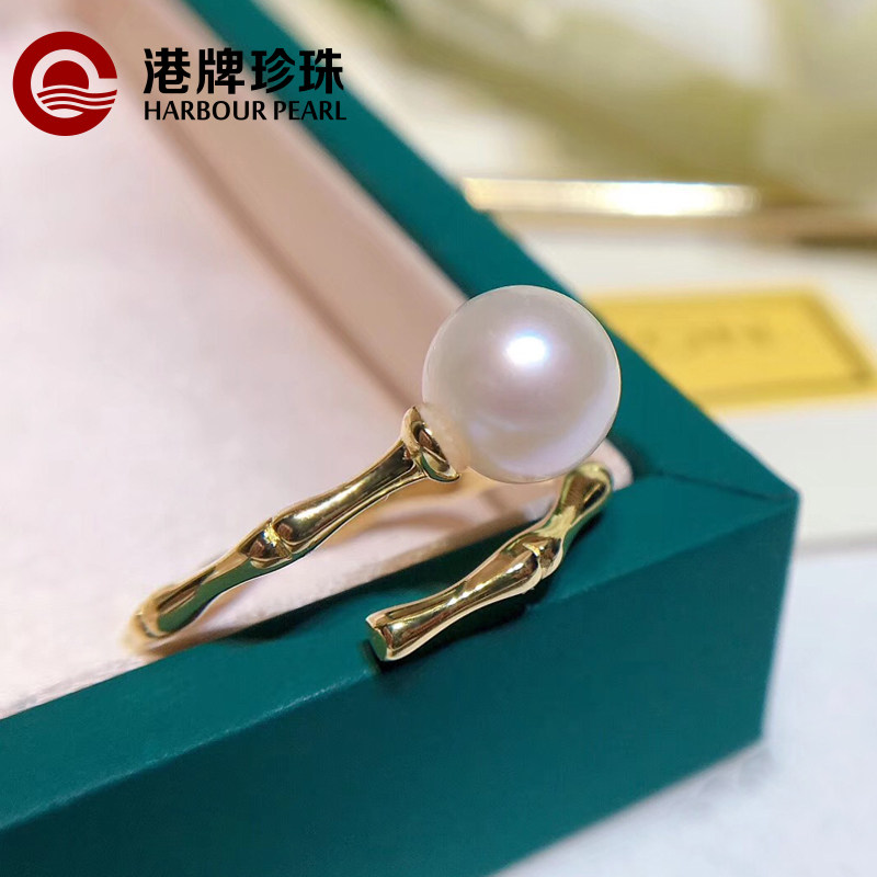港牌珍珠正圆淡水珍珠百搭925纯银竹节开口戒指大小可调简约个性
