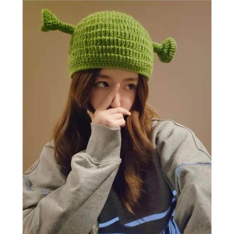 怪物史莱克帽子痞幼同款帽子绿色手工精制针织毛线卡通送朋友可爱