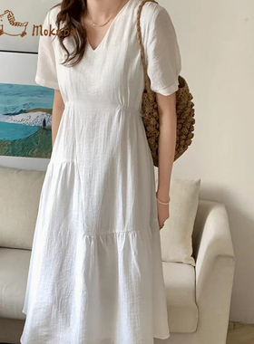 花木马白色法式连衣裙女2025夏季新款V领拼接设计感裙子1R13507