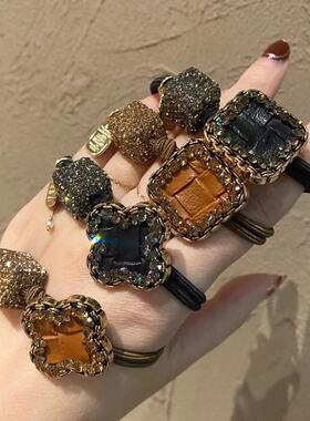 皮质捷克钻方块满钻发圈日韩同款ins网红气质百搭优雅豹纹头绳