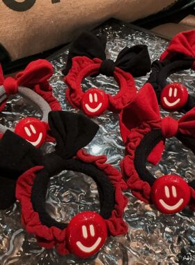 2024韩版新款安可拉红色卡通笑脸拼色蝴蝶结毛巾圈少女扎头发头绳