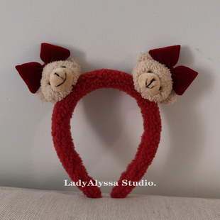 酒红色丝绒蝴蝶结发箍 红色新年发箍 卡通小熊头箍仿羊羔毛压发