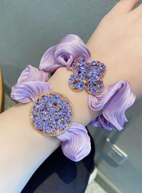 敲梦幻的紫色满钻四叶草绸缎气质大肠圈韩国同款发圈高贵发饰女