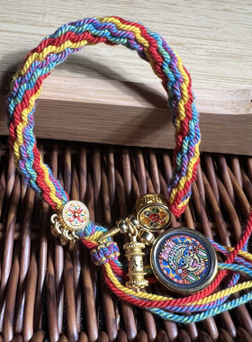 西藏式纯手绘小唐卡黄财神佛眼智慧眼五方财神本命佛红绳手串手绳