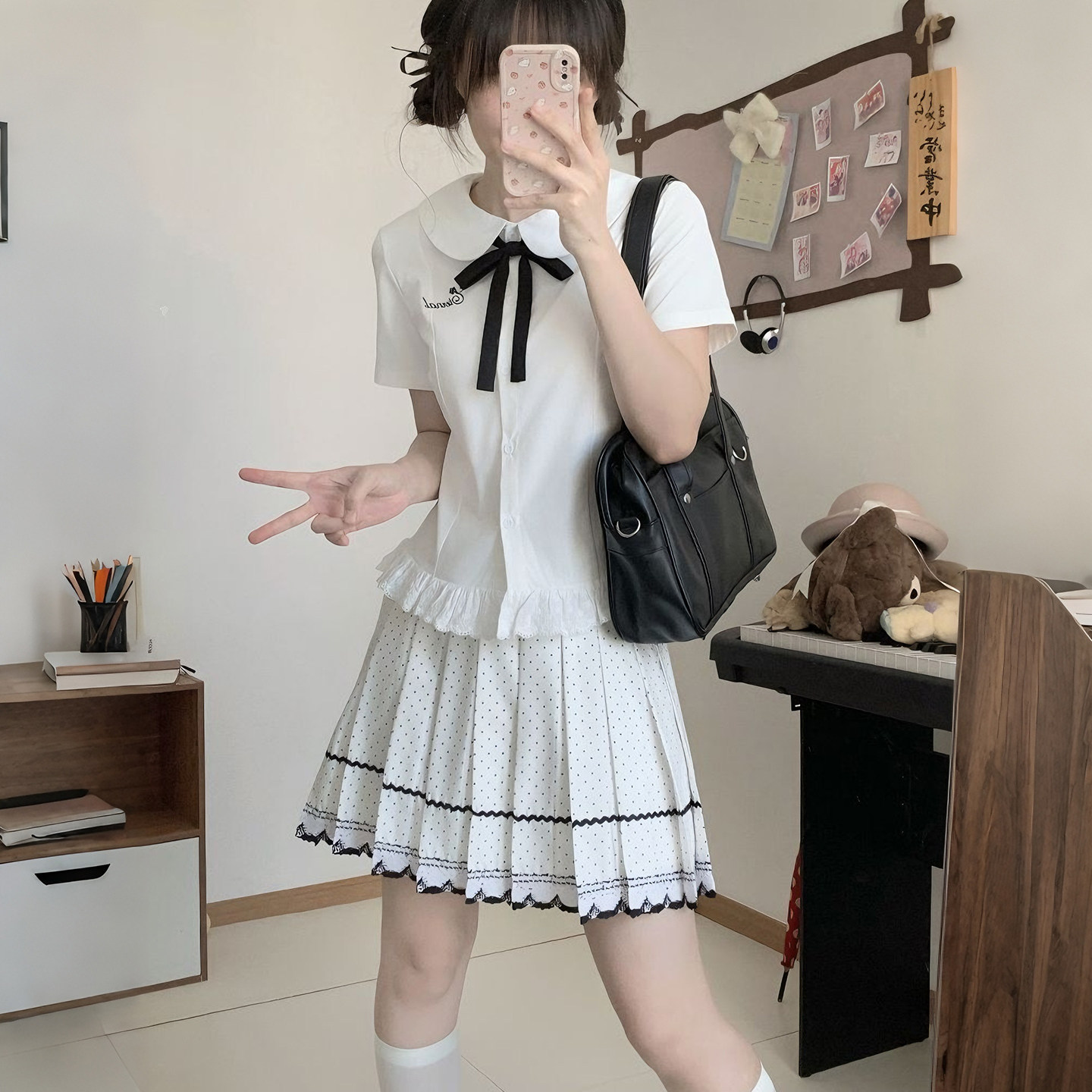 日系JK蕾丝衬衫原创格雷系花边女夏学院风短袖波点百褶半身裙套装