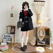 学院风JK大衣秋冬保暖黑色连帽牛角扣夹棉加厚中长款 绀色毛呢外套