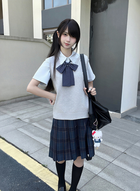 原创jk格裙女日系学院风正版校供感55CM百褶中长裙灰背心制服套装