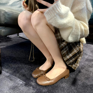 羊皮版~圆头浅口蝴蝶结粗跟芭蕾舞单鞋女真皮玛丽珍鞋瓢鞋小皮鞋