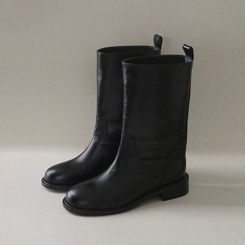 양피 버전 여성용 영국식  가죽 미드 송아지 마틴 부츠 뚱뚱 MM 와이드 레그 웨스턴 카우보이 부츠 짧은 다리 나이트 부츠