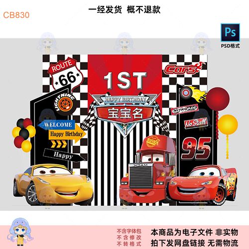 Cars汽车主题生日派对背景设计素材PSD格式卡通汽车生日布置