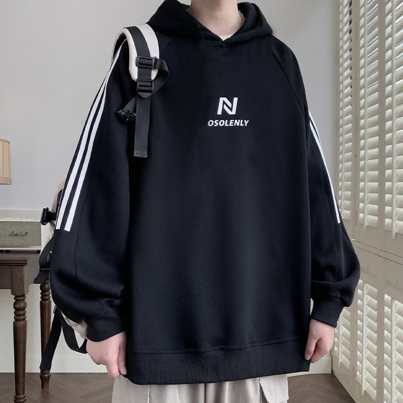 黑白条纹撞色拼接连帽卫衣男美式三条杠高级感帽衫松弛感穿搭外套，男装卫衣，电商A107