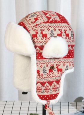 VISON 亲子雷锋帽圣诞小鹿护耳户外保暖东北雪乡儿童棉帽子加厚绒