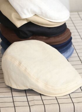 VISON 亚麻鸭舌帽子春夏季透气英伦复古纯色前进贝雷帽男女百搭潮