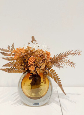 轻奢现代玻璃琉璃橙色调永生花干花花艺插花样板间洽谈桌茶几