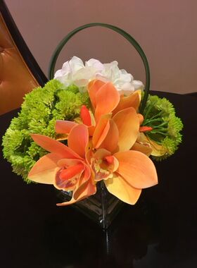 橙色蕙兰仿真花艺港式后现代样板房售楼处洽谈区茶几装饰假花摆