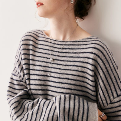 时尚条纹山羊绒衫女加厚宽松毛衣