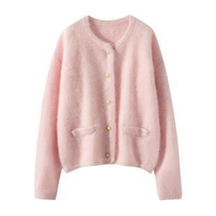 2025春季新款嫩粉色拉绒毛衣开衫外套女高级感圆领100纯山羊绒衫