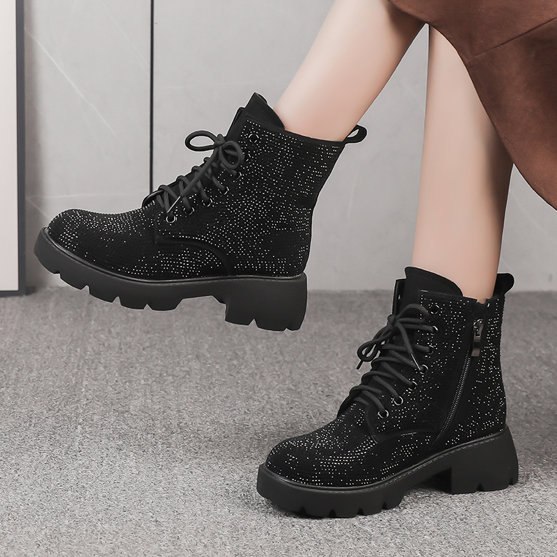新款英伦满钻厚底增高休闲短靴