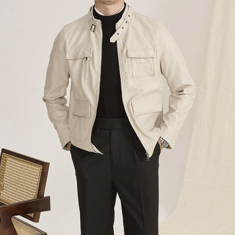 时尚修身立领PU皮机车服夹克男士高级感多口袋机能户外骑行皮衣潮