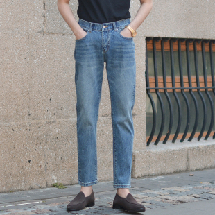 丹宁小直筒裤 2023夏季 男时尚 小脚九分牛仔裤 子 高级感水洗蓝色修身