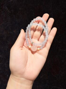 6m海蓝宝配14m粉水晶顶珠配天然珍珠双圈手串手链接受粉晶棉裂